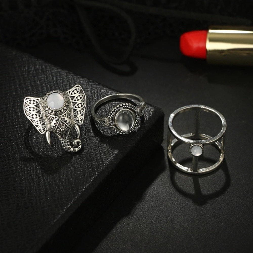 🛍 3pc Elephant Tribal Boho Silver Midi Rings Set - Picture 3 of 8